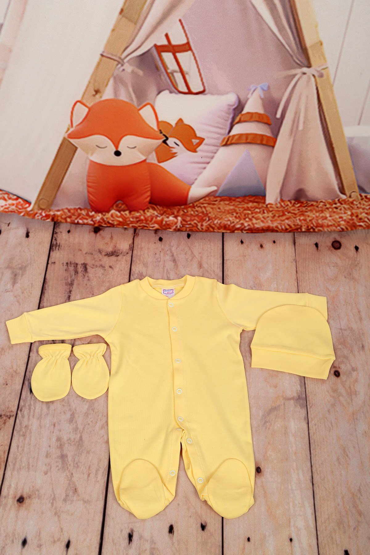 Yeni Doğan Patikli Sarı 3lü Bebek Tulum Seti