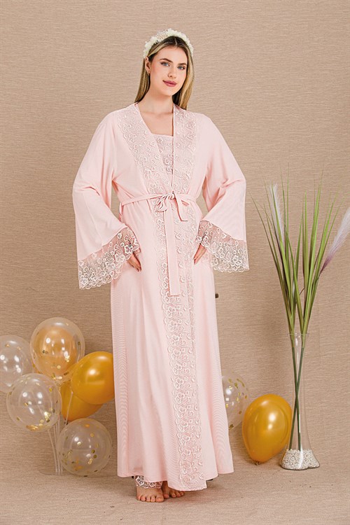 Lady 33004 Pudra Dantel Sabahlıklı Lohusa Pijama Takımı