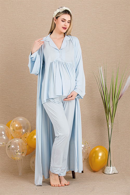 Lady 33001 Mavi Sabahlıklı Lohusa Pijama Takımı