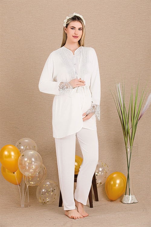 Lady 33003 Ekru Dantel Sabahlıklı Lohusa Pijama Takımı