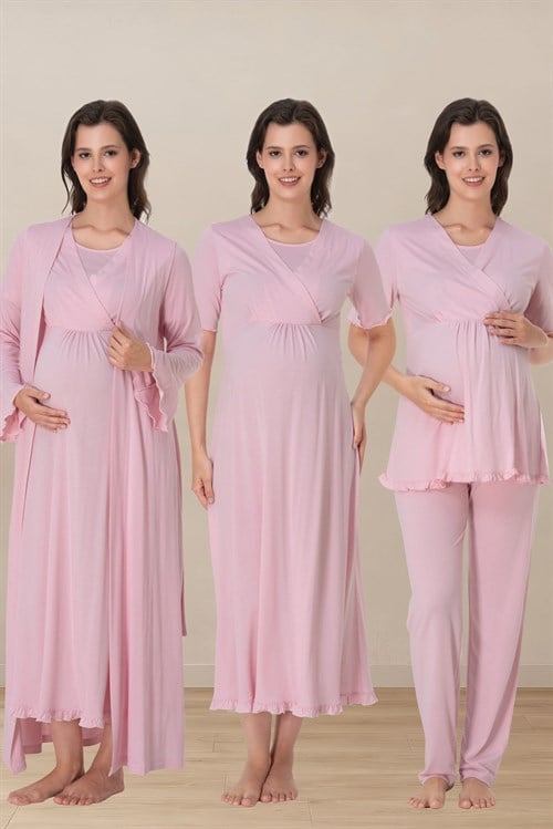 Effortt 3036 Pembe Kruvaze Emzirme Özellikli 4lü Hamile Lohusa Seti