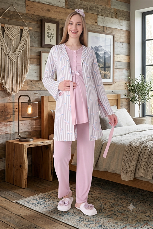 Erdeniz 3460 Pudra Çizgi Sabahlıklı Emzirme Özellikli Sabahlıklı Lohusa Pijama Takımı