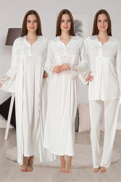 Effortt 4086 Ekru Dantel Detaylı 4lü Hamile Lohusa Seti