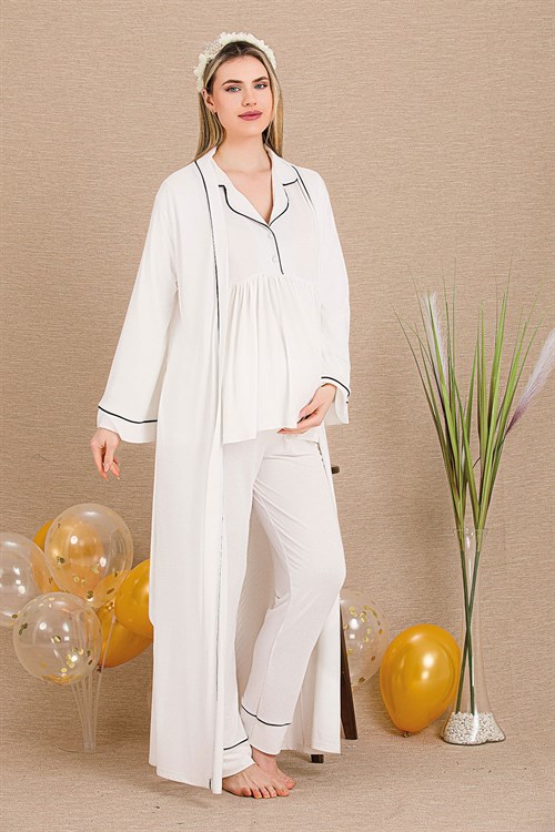 Lady 33001 Ekru Sabahlıklı Lohusa Pijama Takımı