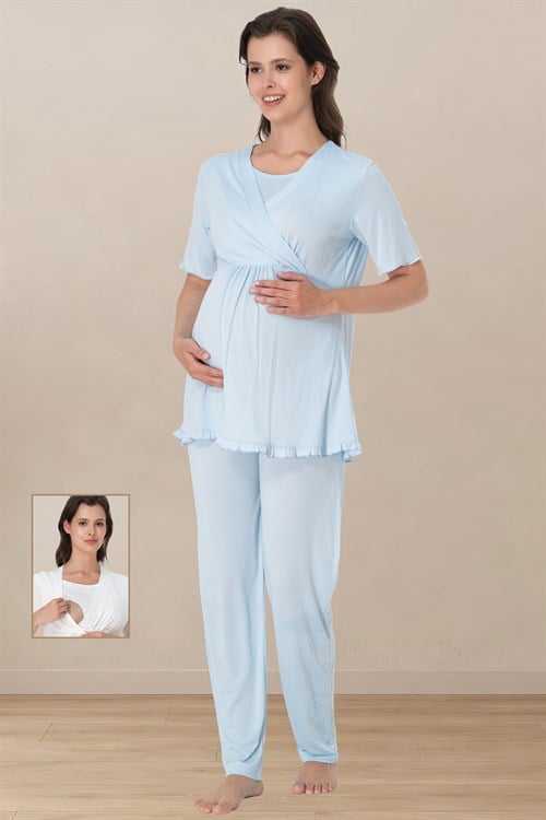 Effortt 3032 Mavi Kruvaze Emzirme Özellikli Hamile Pijama Takımı