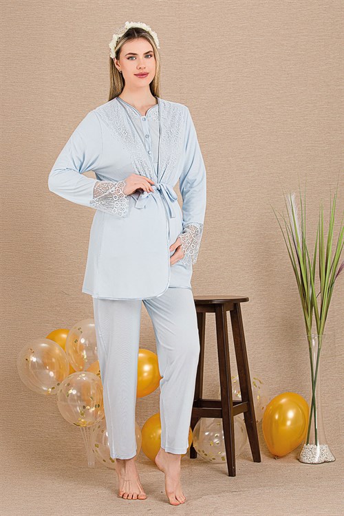 Lady 33003 Mavi Dantel Sabahlıklı Lohusa Pijama Takımı