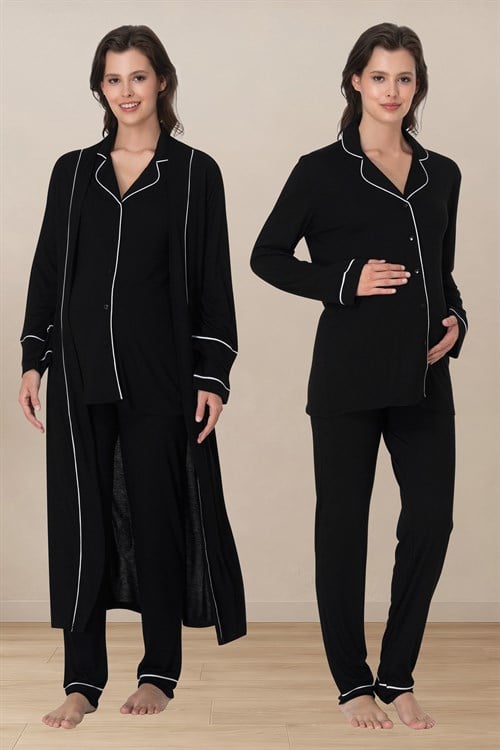 Effortt 8098 Siyah Biye Detaylı Düğmeli Sabahlıklı Lohusa Pijama Takımı