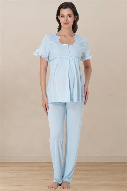 Effortt 7022 Mavi Fisto Dantelli Hamile Lohusa Pijama Takımı