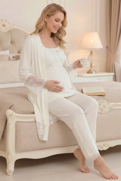 Rimel Life 2025 Ekru Brodeli Tasarım Sabahlıklı Lohusa Pijama Takımı