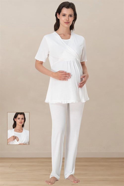 Effortt 3032 Ekru Kruvaze Emzirme Özellikli Hamile Pijama Takımı