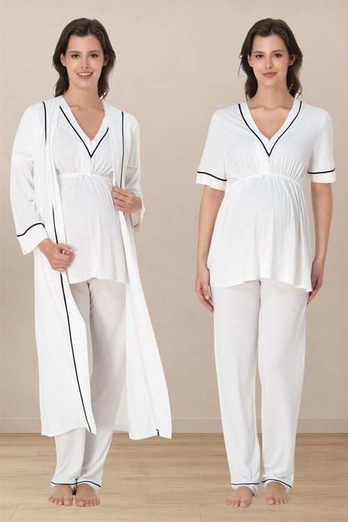 Effortt 5094 Ekru Biye Detaylı Emzirme Özellikli Sabahlıklı Lohusa Pijama Takımı