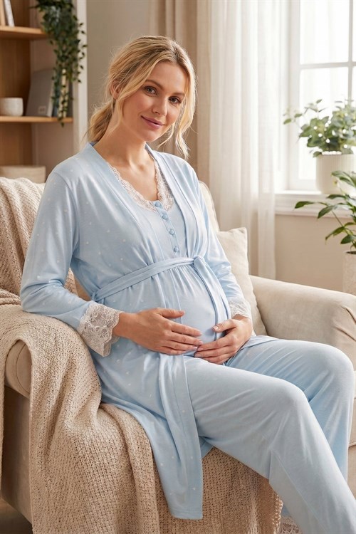 Rimel Life 2060 Mavi Kalp Sabahlıklı Dantelli Lohusa Pijama Takımı