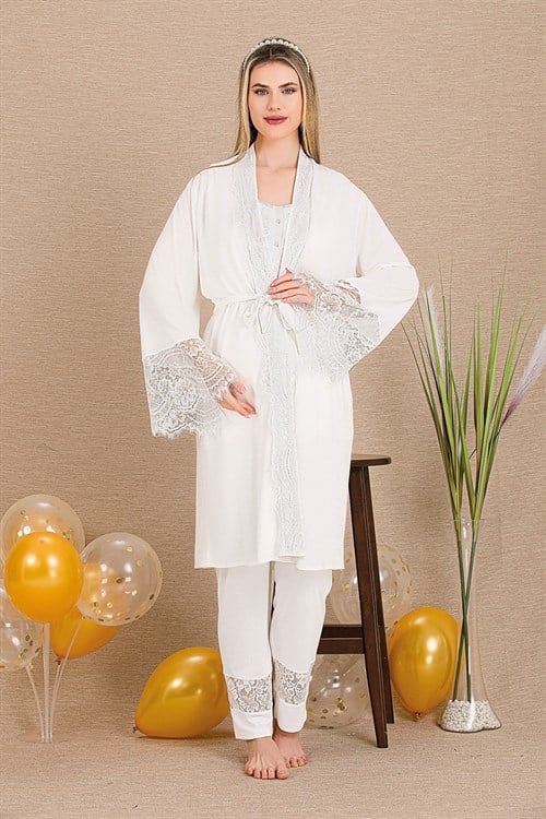 Lady 33002 Ekru Dantel Sabahlıklı Lohusa Pijama Takımı
