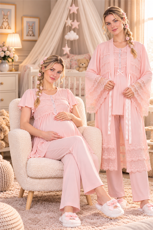 Dantel Detaylı Pamuklu Pudra Pembe Sabahlıklı Lohusa Pijama Takımı 33010