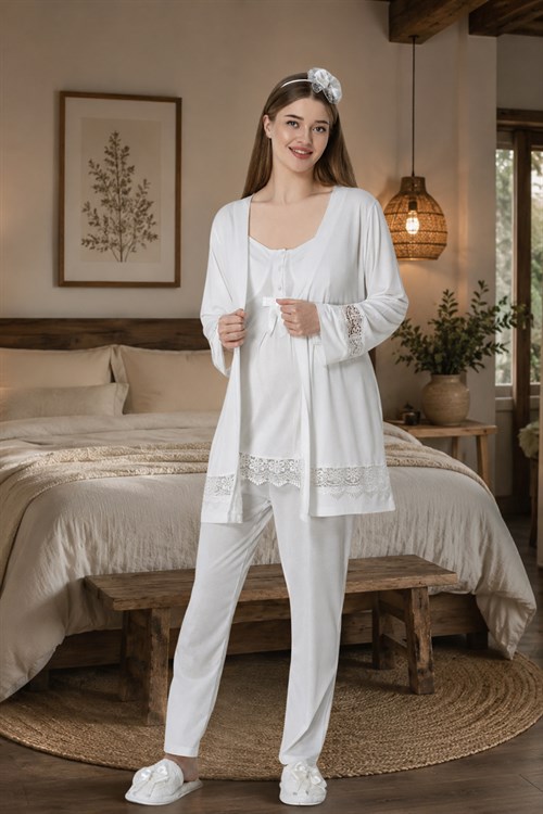 Mecit 6405 Ekru Dantel Geçişli Sabahlıklı Lohusa Pijama Takımı