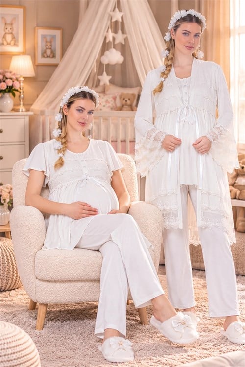 Dantel Detaylı Pamuklu Ekru Sabahlıklı Lohusa Pijama Takımı 33010