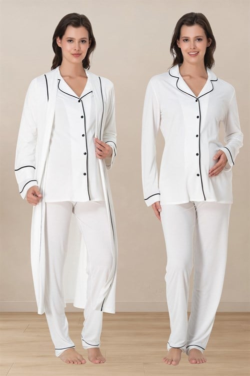 Effortt 8098 Ekru Biye Detaylı Düğmeli Sabahlıklı Lohusa Pijama Takımı