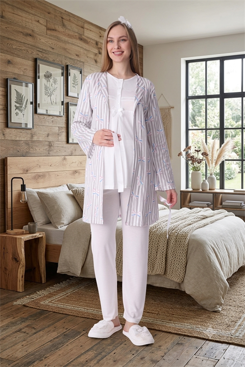 Erdeniz 3460 Ekru Çizgi Sabahlıklı Emzirme Özellikli Sabahlıklı Lohusa Pijama Takımı