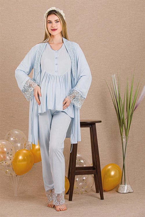 Lady 33005 Mavi Dantel Sabahlıklı Lohusa Pijama Takımı
