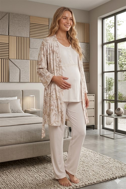 Rimel Life 700 Olive Desen Yumuşak Dokulu Sabahlıklı Lohusa Pijama Takımı