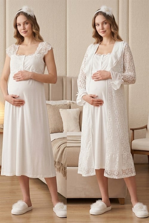 Dantel Detaylı Kolları Volanlı Sabahlıklı Lohusa Gecelik Takımı