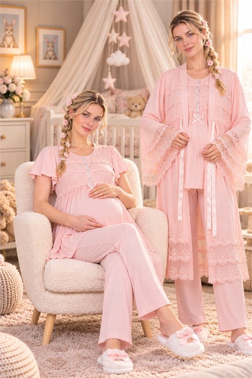 Dantel Detaylı Pamuklu Pudra Pembe Sabahlıklı Lohusa Pijama Takımı 33010