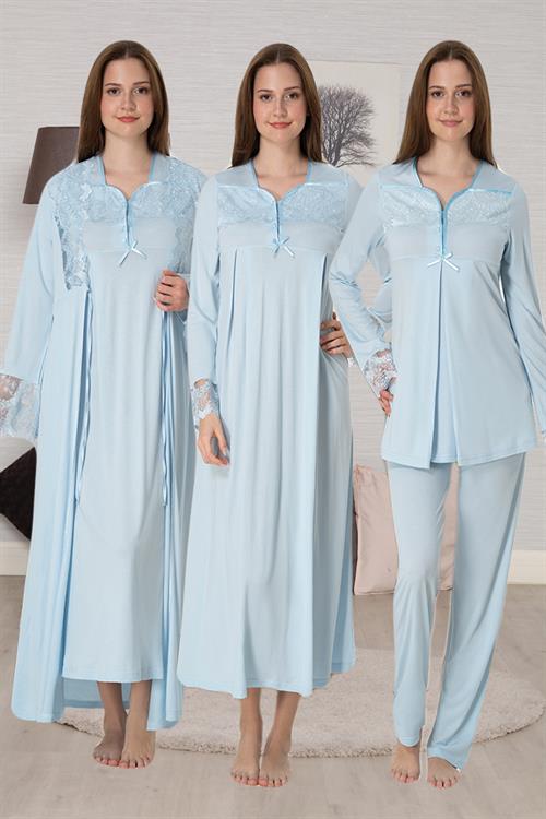Effortt 4086 Mavi Dantel Detaylı 4lü Hamile Lohusa Seti