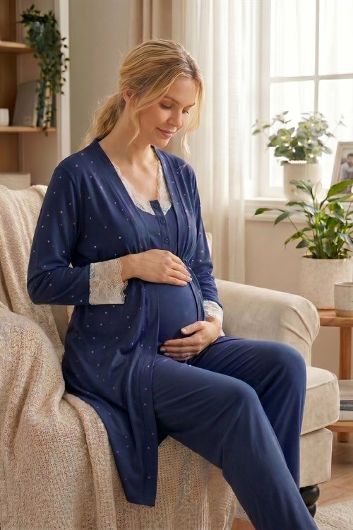 Rimel Life 2061 Lacivert Kalp Sabahlıklı Dantelli Lohusa Pijama Takımı