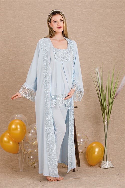 Lady 33004 Mavi Dantel Sabahlıklı Lohusa Pijama Takımı