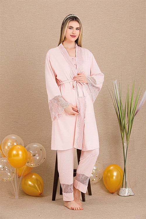 Lady 33002 Pudra Dantel Sabahlıklı Lohusa Pijama Takımı