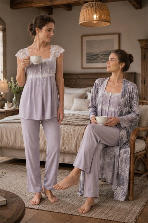 Desen Sabahlıklı Gri Dantelli Pamuklu Lohusa Pijama Takımı 2314