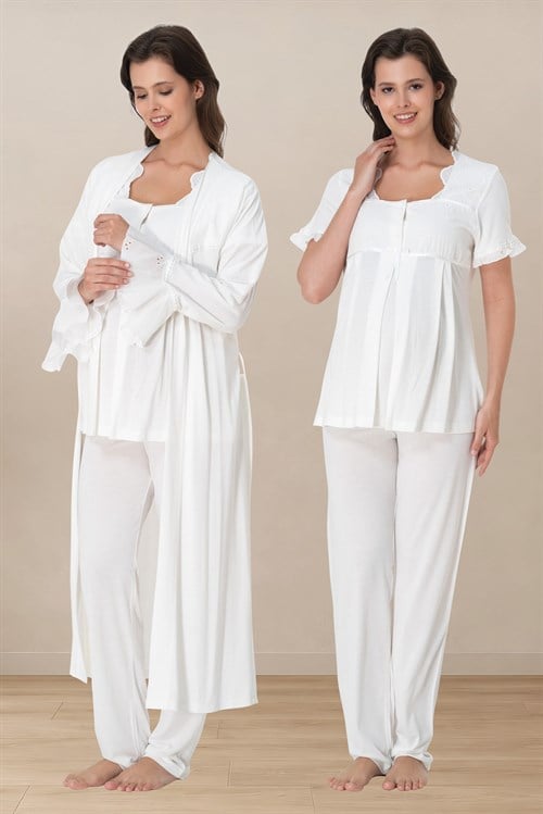Effortt 7024 Ekru Fisto Dantelli Sabahlıklı Hamile Pijama Takımı