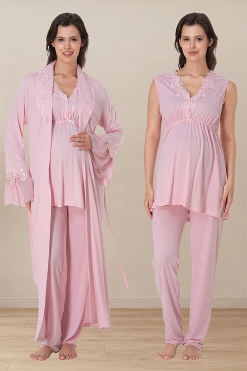 Effortt 5064 Pudra Pembe Sıfır Kol Dantelli Sabahlıklı Lohusa Pijama Takımı