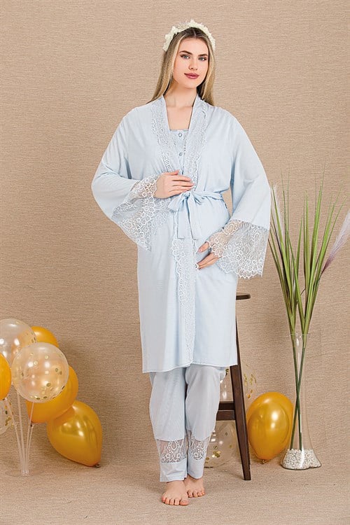Lady 33002 Mavi Dantel Sabahlıklı Lohusa Pijama Takımı