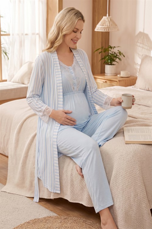 Rimel Life 2054 Mavi Çizgili Sabahlıklı Lohusa Pijama Takımı