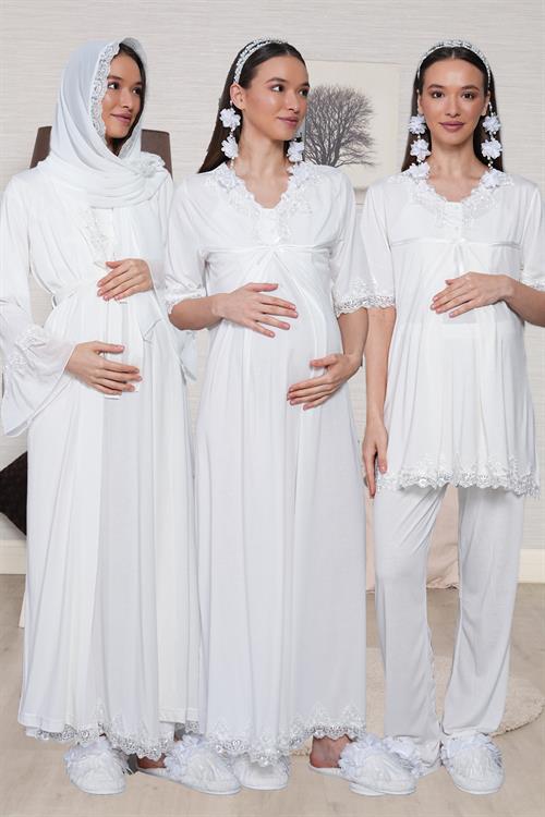 Tesettürlü Dantel Detaylı Ekru Lohusa Seti