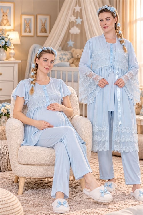 Dantel Detaylı Pamuklu Mavi Sabahlıklı Lohusa Pijama Takımı 33010