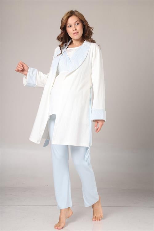 Rimel Life 1001 Mavi Dantelli Lohusa Pijama ve Jakar Sabahlık Takımı