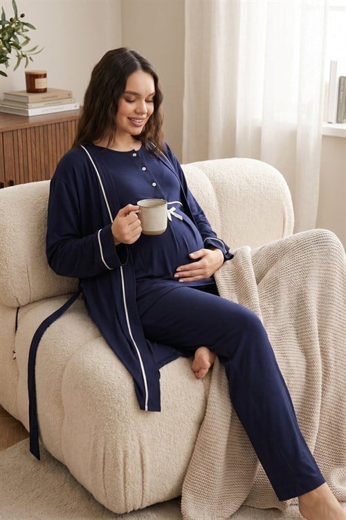 Rimel Life 509 Lacivert Biye Detaylı Sabahlıklı Dantelli Kruvaze Lohusa Pijama Takımı