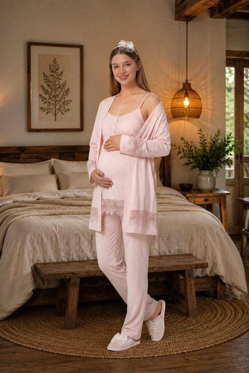 Mecit 6405 Pembe Dantel Geçişli Sabahlıklı Lohusa Pijama Takımı