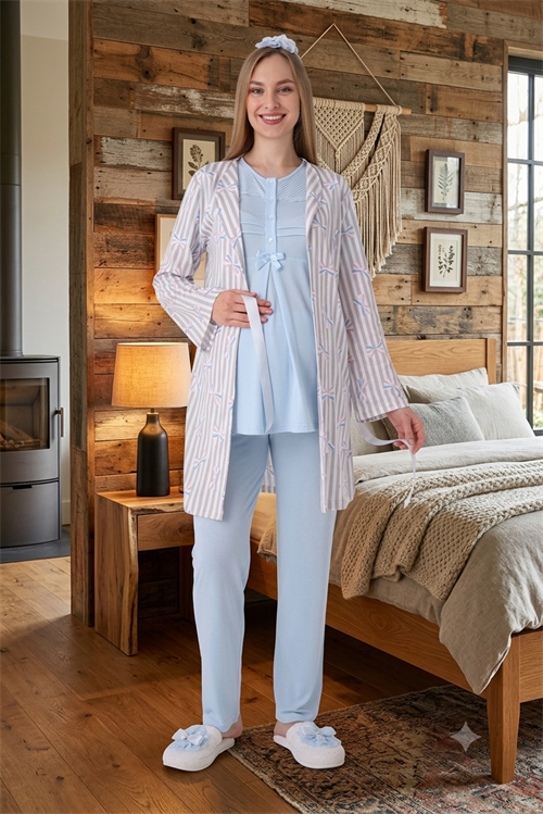 Erdeniz 3460 Mavi Çizgi Sabahlıklı Emzirme Özellikli Sabahlıklı Lohusa Pijama Takımı