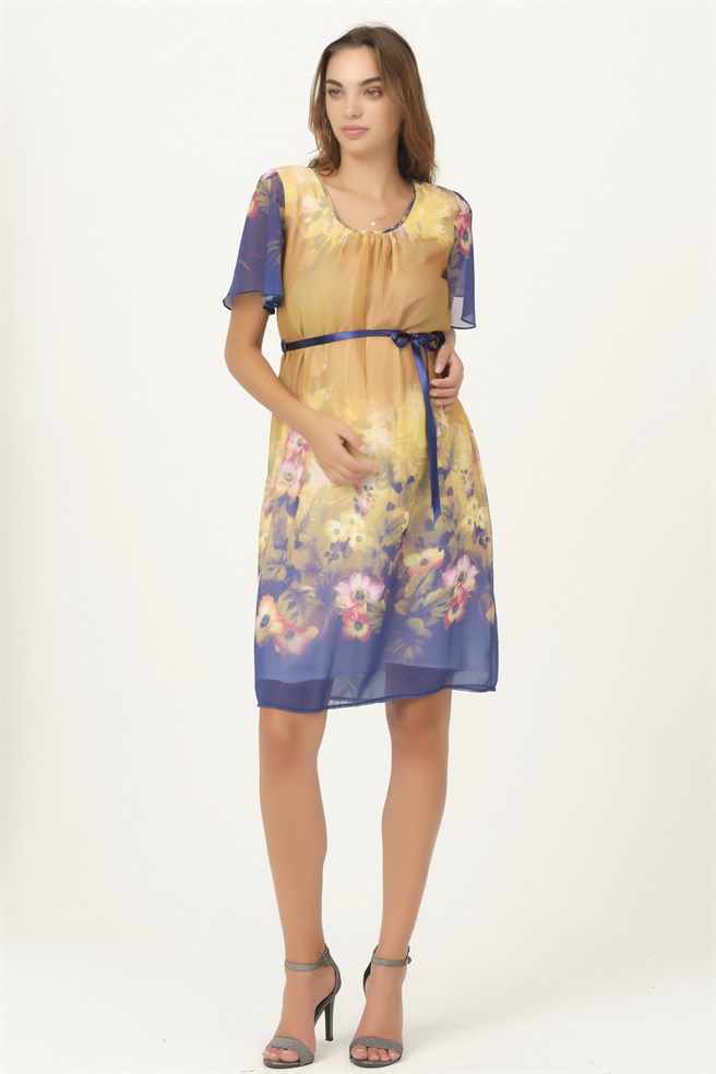 Busa Hamile Çiçek Desenli Mini Günlük Elbise Lacivert