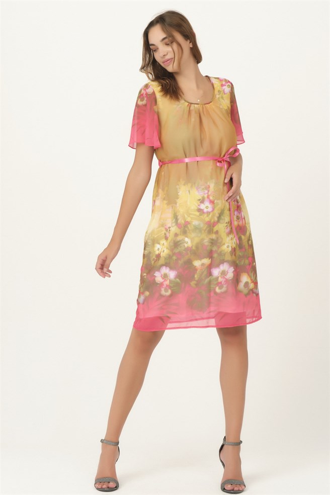 Busa Hamile Çiçek Desenli Mini Günlük Elbise Pembe