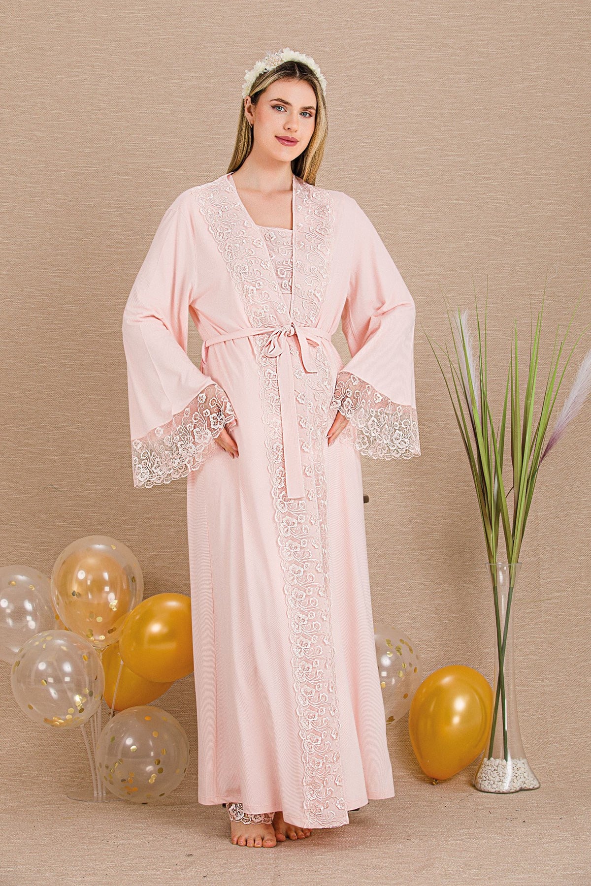 Lady 33004 Pudra Dantel Sabahlıklı Lohusa Pijama Takımı
