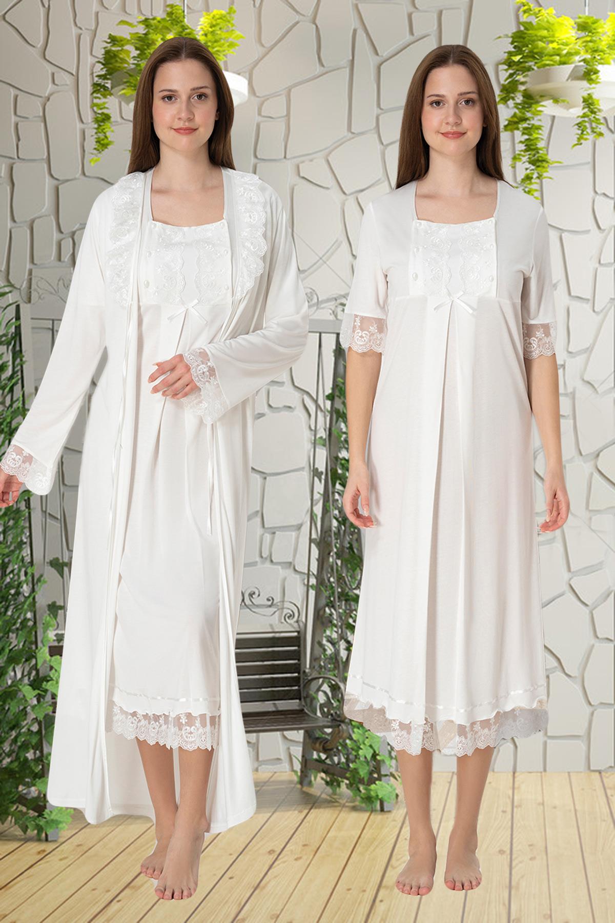 Effortt 6035 Ekru Dantelli Lohusa Gecelik ve Sabahlık Takımı