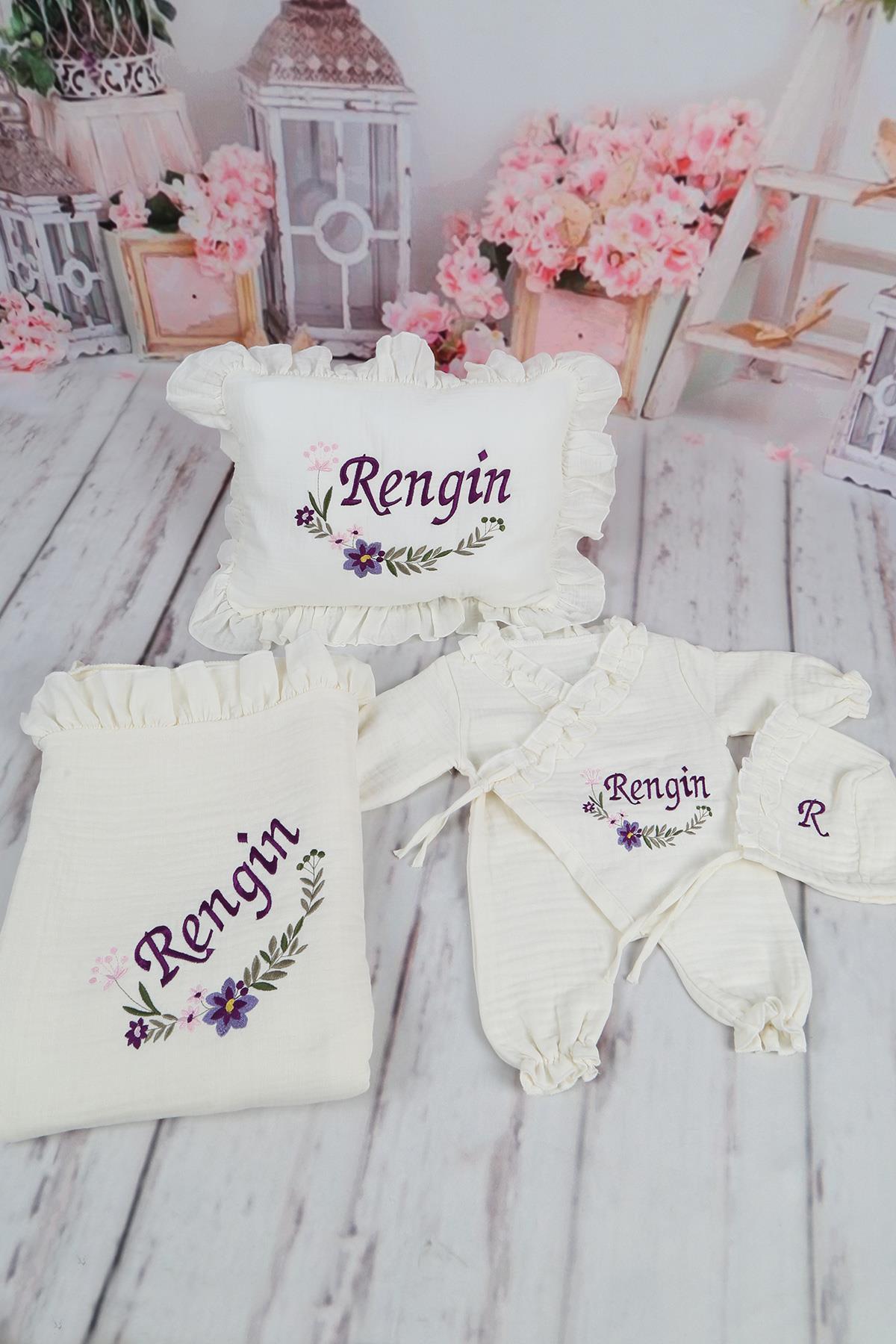 İsme Özel Müslin Kumaş Çiçek Nakışlı Yastıklı Hastane Çıkış Seti