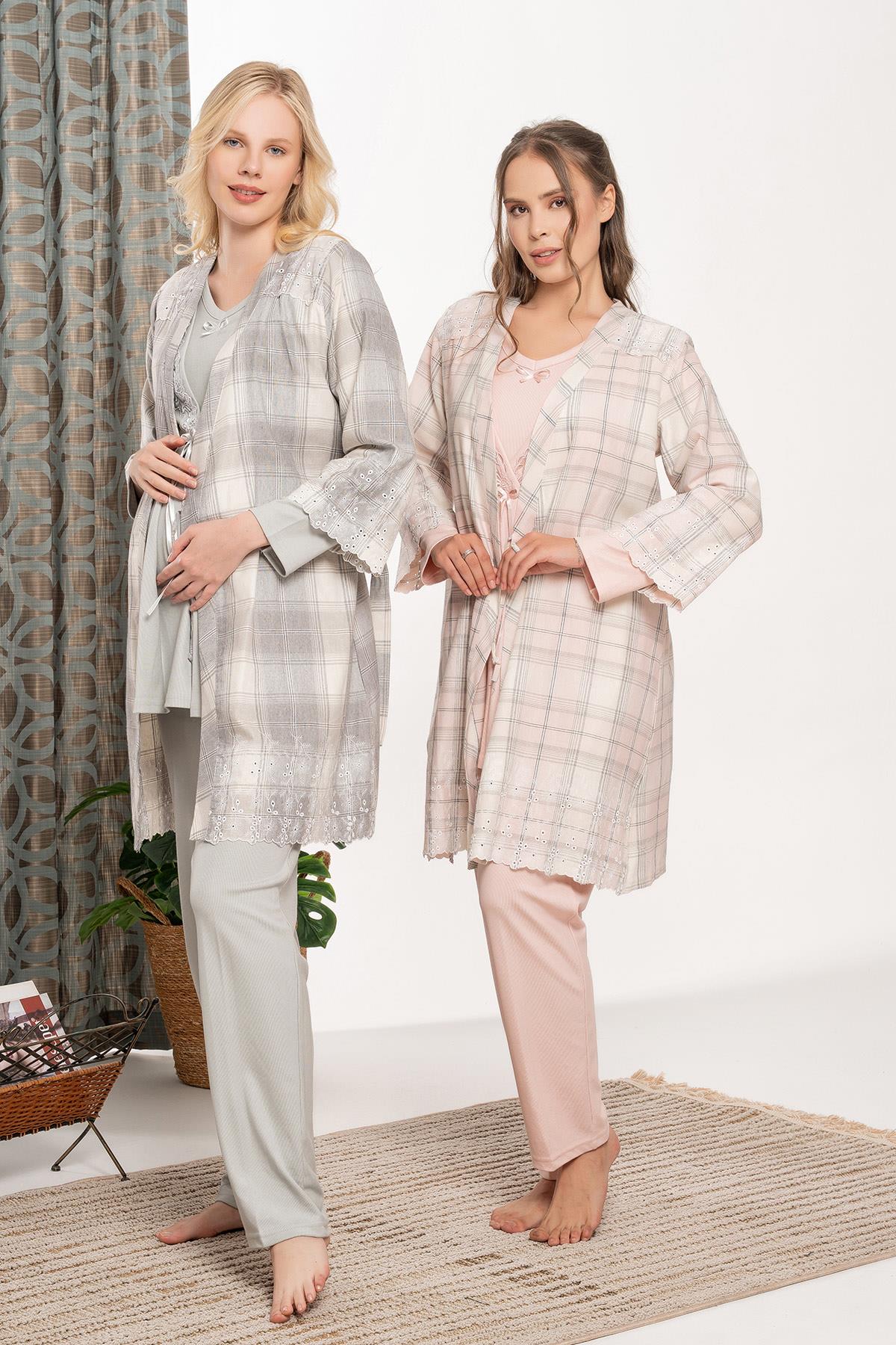 Bone 6141 Flanel Nakışlı Sabahlıklı Lohusa Pijama Takımı