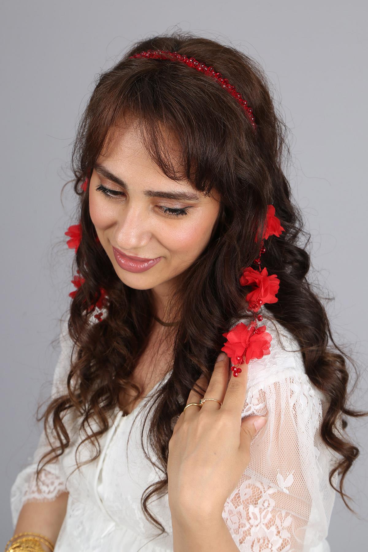 Özel Tasarım Kırmızı Tekli Sarkan Küpeli incili Lohusa Tacı