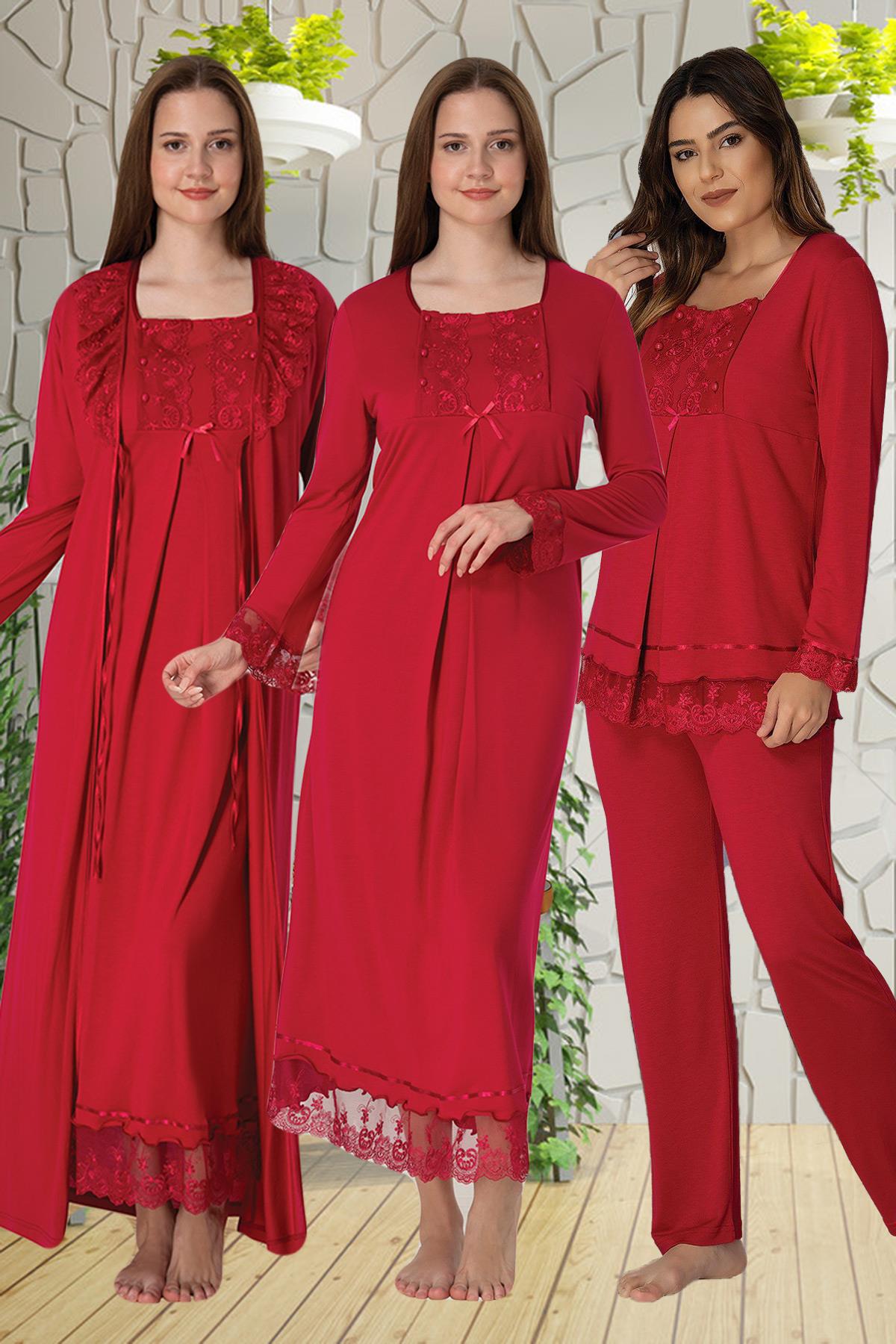 Effortt 3046 Vişne Dantelli 4lü Lohusa Seti