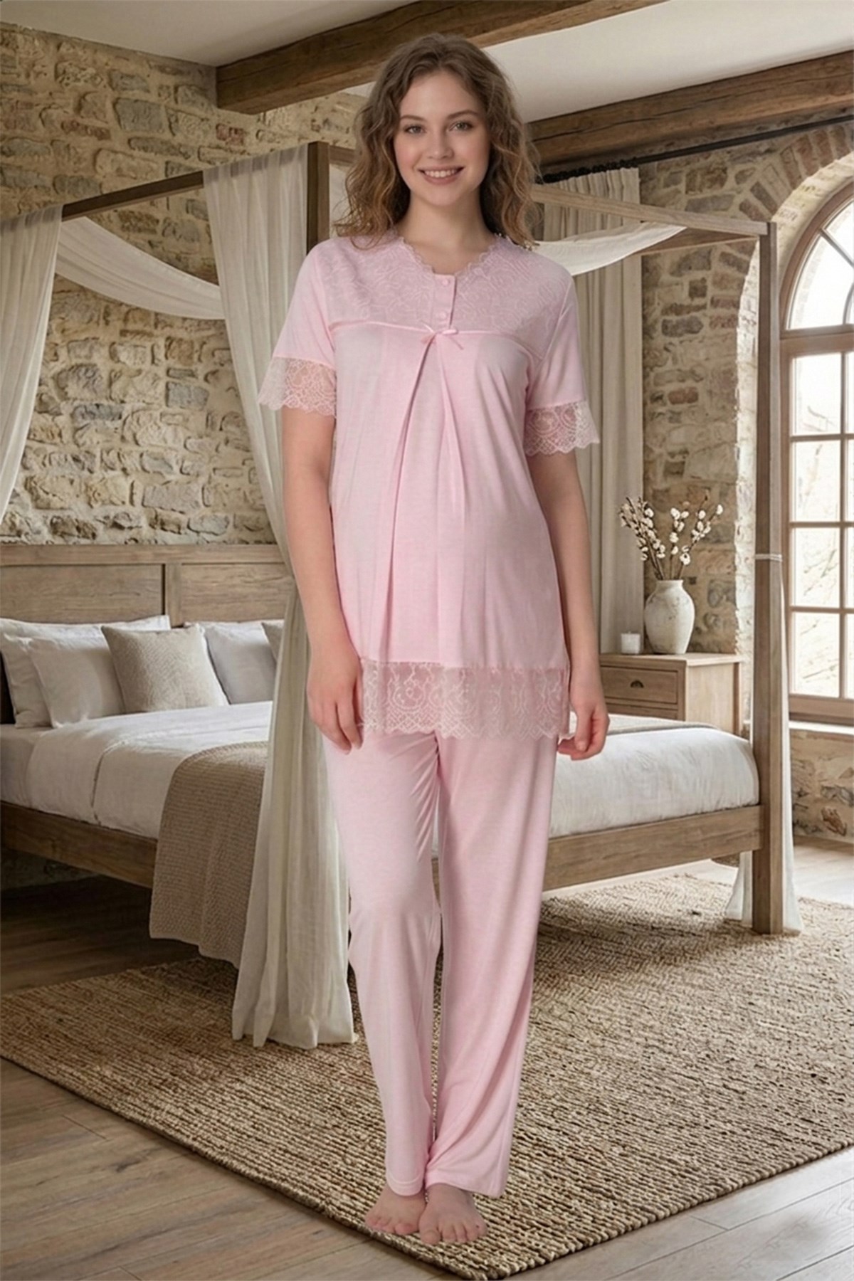 Kolları Güpürlü Pamuklu Pembe Lohusa Pijama Takımı